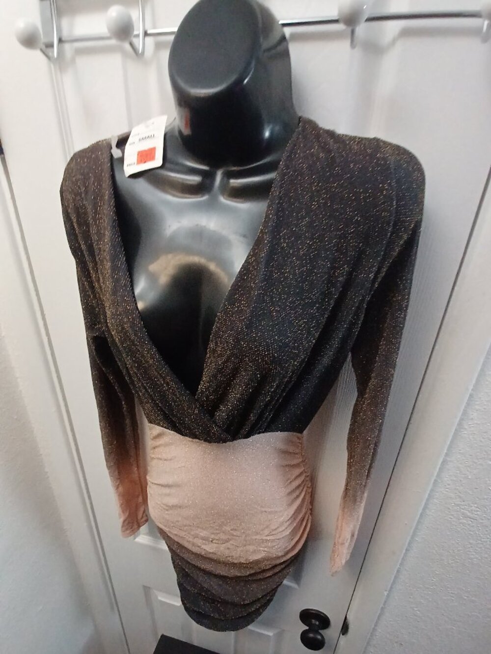 privy Shimmer Ombre V-Neck Long-Sleeve Mini Dress - Black to Tan